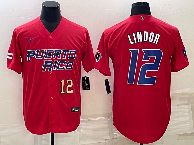 Men 2023 World Cub #12 Lindor Red Nike MLB Jersey4